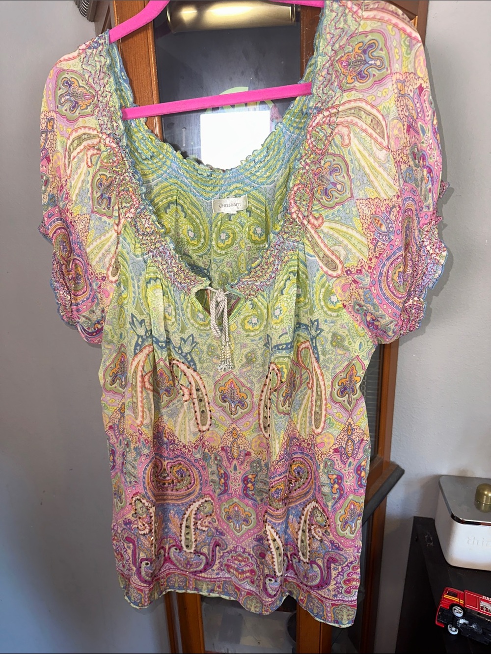 Dress Barn Paisley Scoop-Neck Tunic in Green and Pink with Sequins